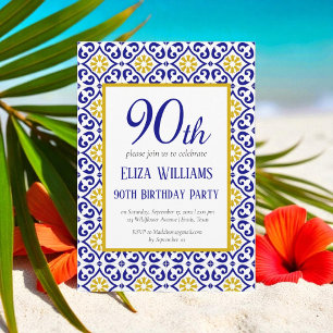 Portuguese Tiles Blue 90th Birthday Mediterranean  Invitation