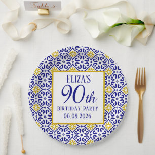 Portuguese Tiles Blue 90th Birthday Mediterranean Paper Plate