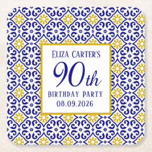 Portuguese Tiles Blue 90th Birthday Mediterranean Square Paper Coaster