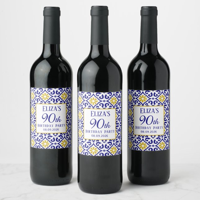 Portuguese Tiles Blue 90th Birthday Mediterranean  Wine Label (Bottles)