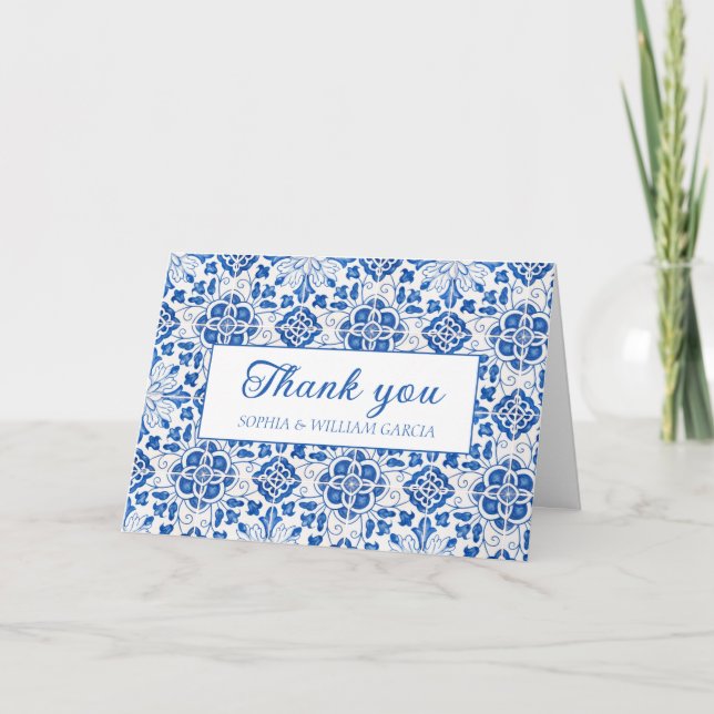 Portuguese Tiles Blue Floral Wedding Thank you  Card (Front)