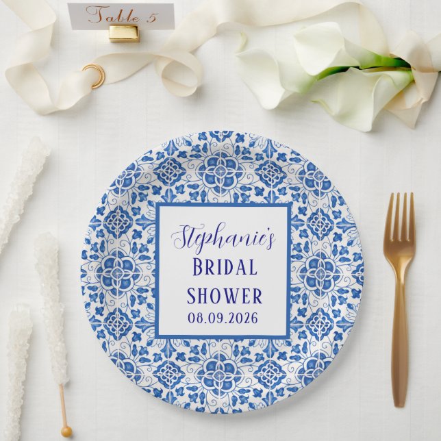 Portuguese Tiles Blue Mediterranean Bridal shower Paper Plate (Wedding)