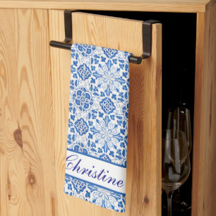 Portuguese Tiles Blue Mediterranean Floral Tea Towel