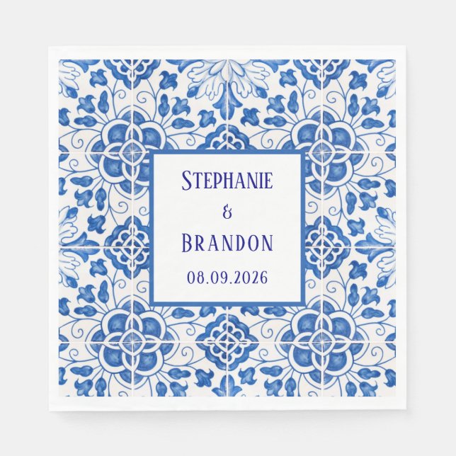 Portuguese Tiles Blue Mediterranean Wedding Napkin (Front)
