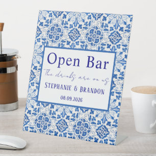 Portuguese Tiles Blue Mediterranean Wedding Pedestal Sign