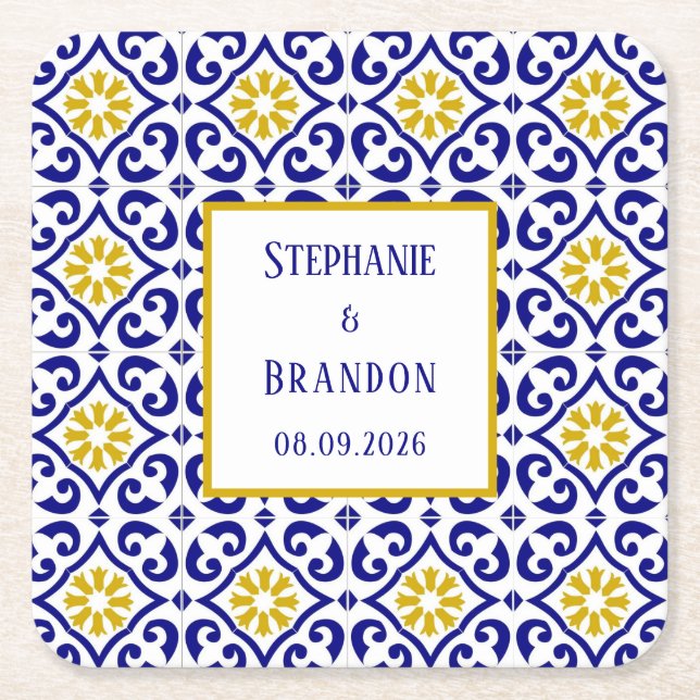 Portuguese Tiles Blue Mediterranean Wedding Square Paper Coaster (Front)