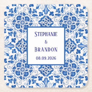 Portuguese Tiles Blue Mediterranean Wedding Square Paper Coaster