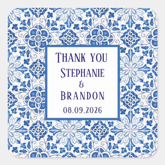 Portuguese Tiles Blue Mediterranean Wedding Square Sticker (Front)
