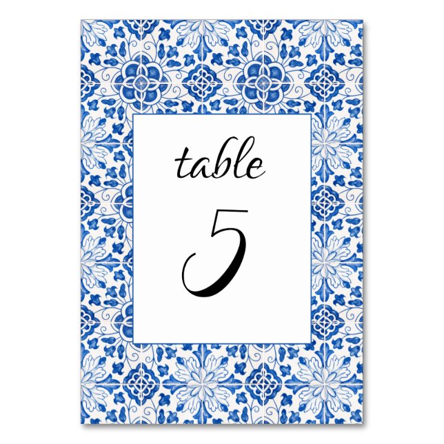 Portuguese Tiles Blue Mediterranean Wedding Table Number (Front)