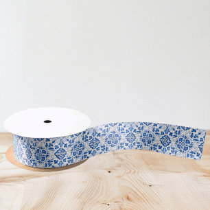 Portuguese tiles Blue White Mediterranean  Satin Ribbon