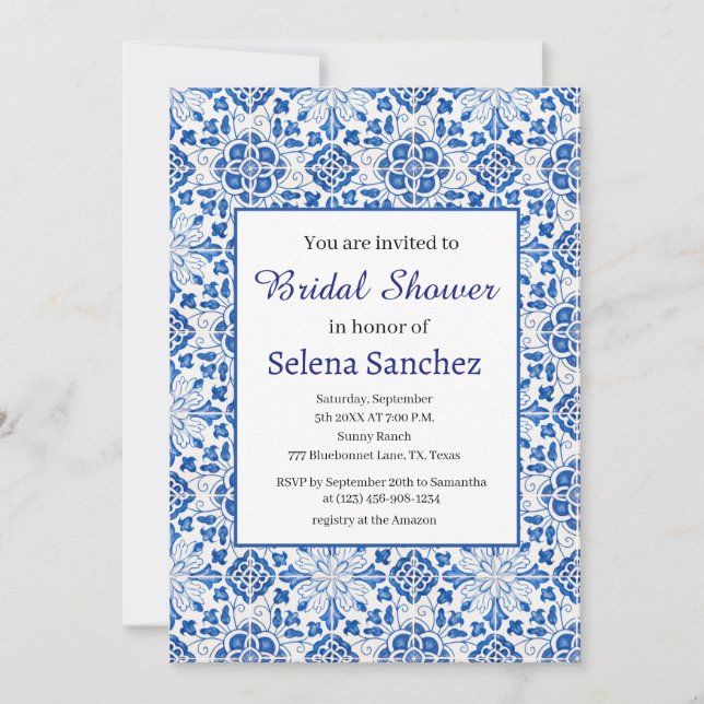 Portuguese tiles Floral Blue Bridal Shower  Invitation (Front)