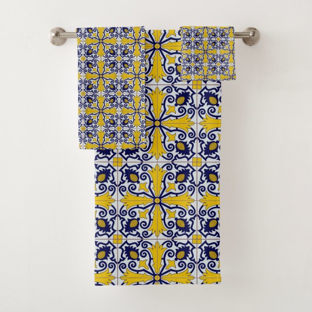 Portuguese tiles in blue and yellow for Christmas Bath Towel Set (Insitu)