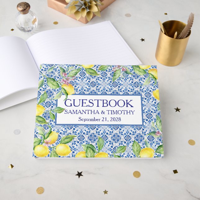 Portuguese tiles Lemon Destination Elegant Wedding Guest Book (Front Open)
