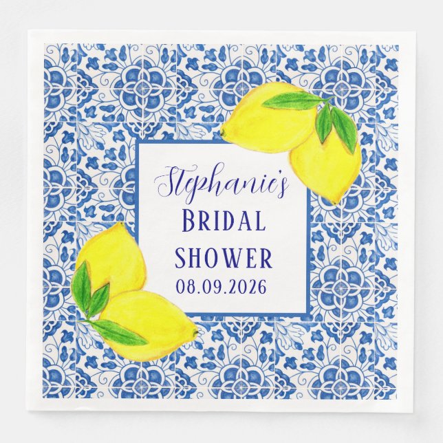 Portuguese Tiles Lemon Mediterranean Bridal shower Napkin (Front)
