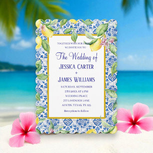 Portuguese Tiles Lemons Mediterranean Wedding Invitation
