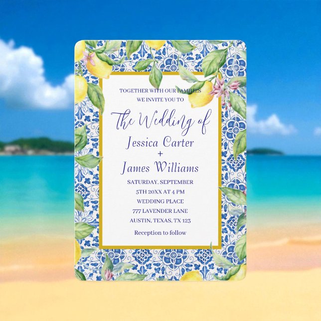 Portuguese Tiles Lemons Mediterranean Wedding Invitation (Creator Uploaded)