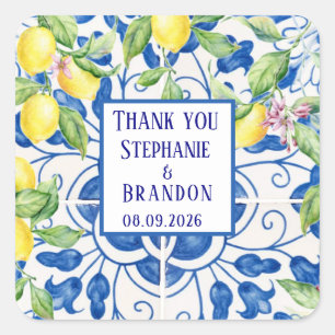 Portuguese Tiles Lemons Mediterranean Wedding Square Sticker