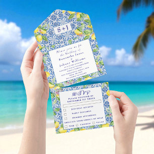 Portuguese Tiles Lemons Rustic Initials Wedding All In One Invitation