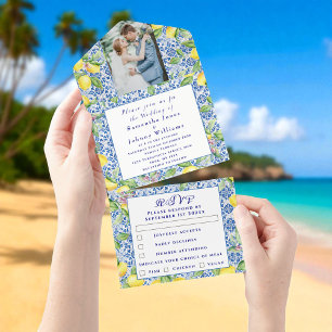 Portuguese Tiles Lemons Rustic Photo Wedding  All In One Invitation