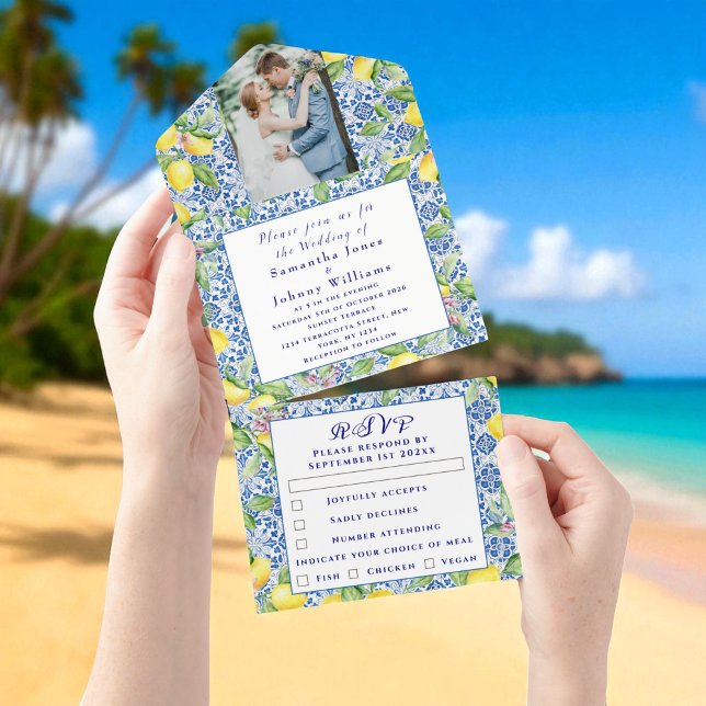 Portuguese Tiles Lemons Rustic Photo Wedding  All In One Invitation (Creator Uploaded)