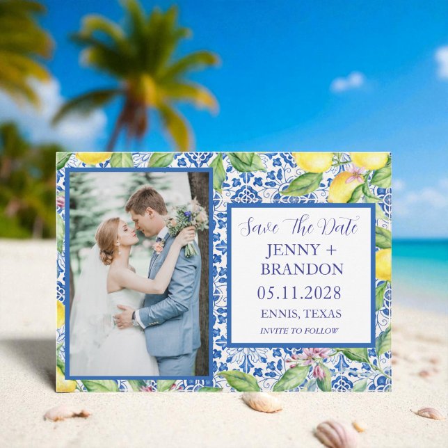 Portuguese tiles Lemons White Photo Wedding Save The Date (Creator Uploaded)