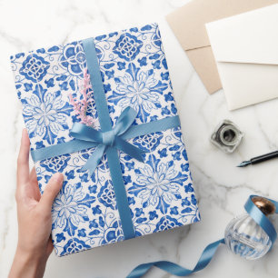 Portuguese Tiles Mediterranean Blue Floral Wrapping Paper