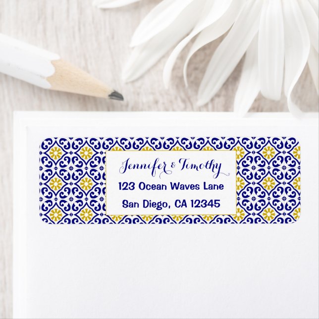 Portuguese Tiles Mediterranean Blue Wedding Return Address Label (Insitu)
