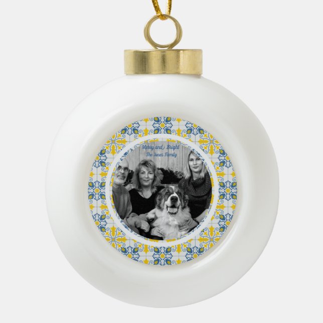 Portuguese Tiles Photo frame for family Christmas Ceramic Ball Christmas Ornament (Front)