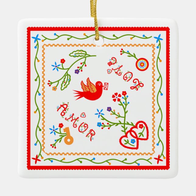 Portuguese valentine's love handkerchiefs  ceramic ornament (Front)