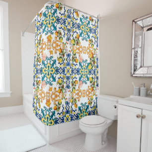 Portuguese vintage tiles kiwi and lemon pattern cu shower curtain