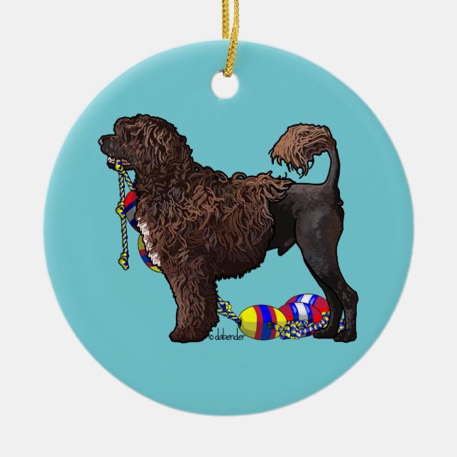 Portuguese Water Dog Brown Lion With Float Line Ceramic Ornament (Front)
