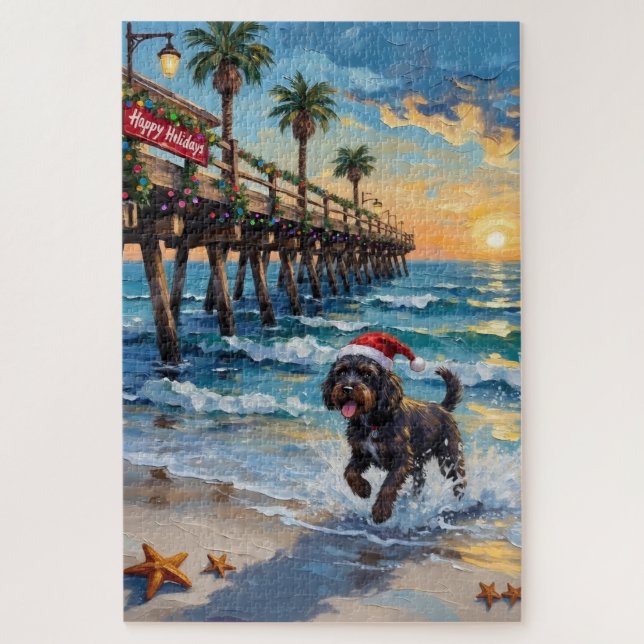Portuguese Water Dog Christmas Beach Boardwalk Jigsaw Puzzle (Vertical)