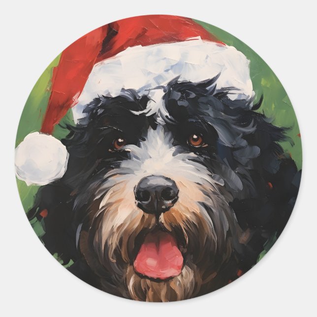 Portuguese water dog Christmas brush painting Classic Round Sticker (Front)