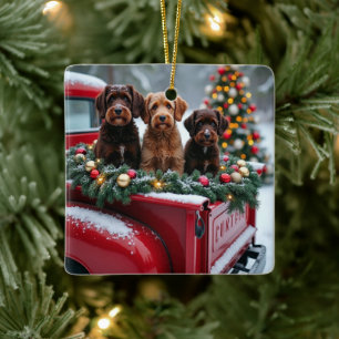 Portuguese Water Dog Christmas Red Truck Holiday Ceramic Ornament