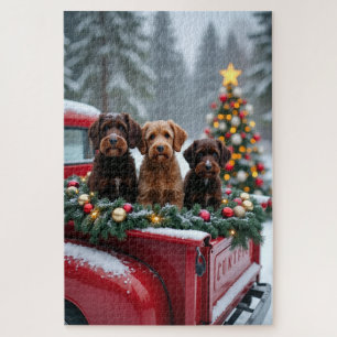 Portuguese Water Dog Christmas Red Truck Holiday Jigsaw Puzzle
