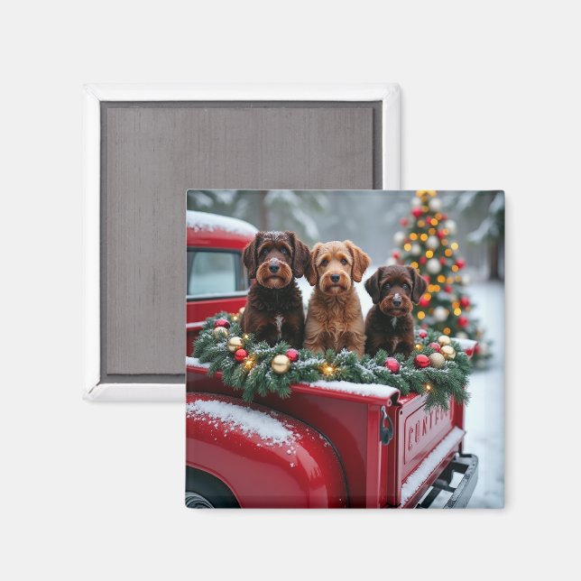 Portuguese Water Dog Christmas Red Truck Holiday Magnet (Front/Back)