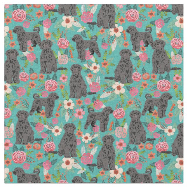 Portuguese Water dog florals turquoise Fabric (Close Up)