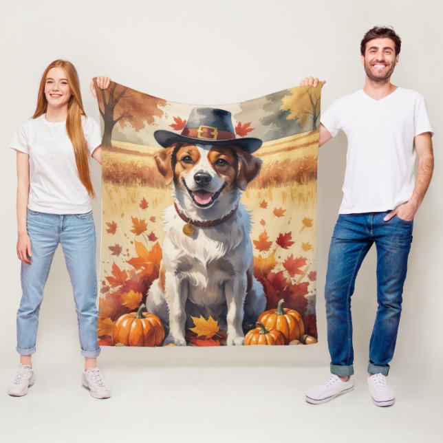 Portuguese Water Dog In Autumn Leaves Thanksgiving Fleece Blanket (In Situ)