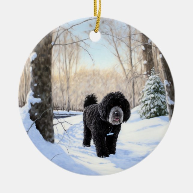Portuguese Water Dog Let It Snow Christmas Ceramic Ornament (Front)