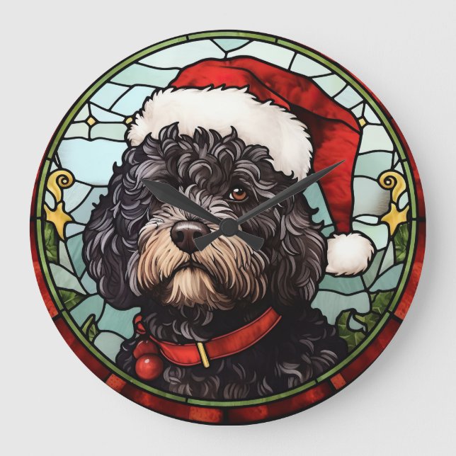 Portuguese Water Dog Stained Glass Christmas Large Clock (Front)