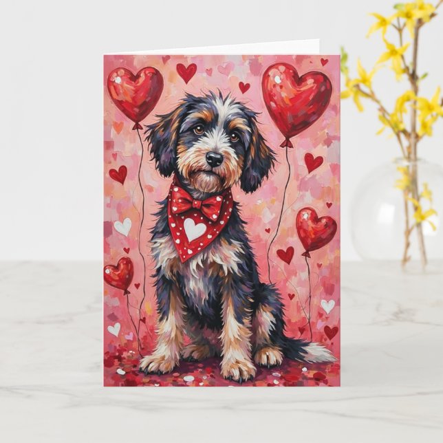 Portuguese Water Dog Valentine’s Day with Hearts Card (Yellow Flower)