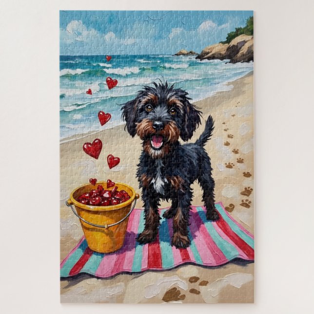 Portuguese Water Dog Valentine's Day Beach Hearts Jigsaw Puzzle (Vertical)