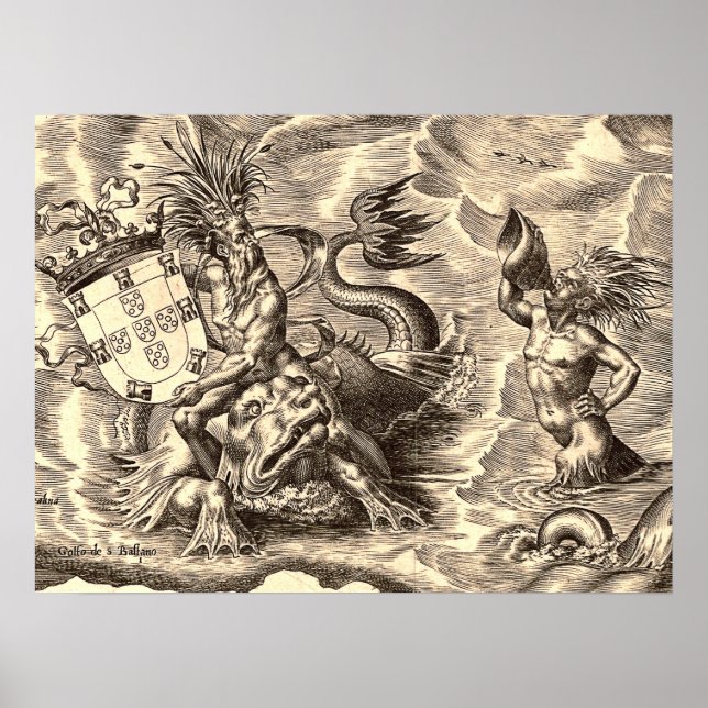 Poseidon and Dolphin World Map Poster (Front)