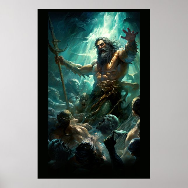 Poseidon Battling Zombie Mermen Poster (Front)