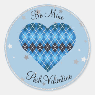 Posh Argyle Blue Sparkle Big Heart  Classic Round Sticker