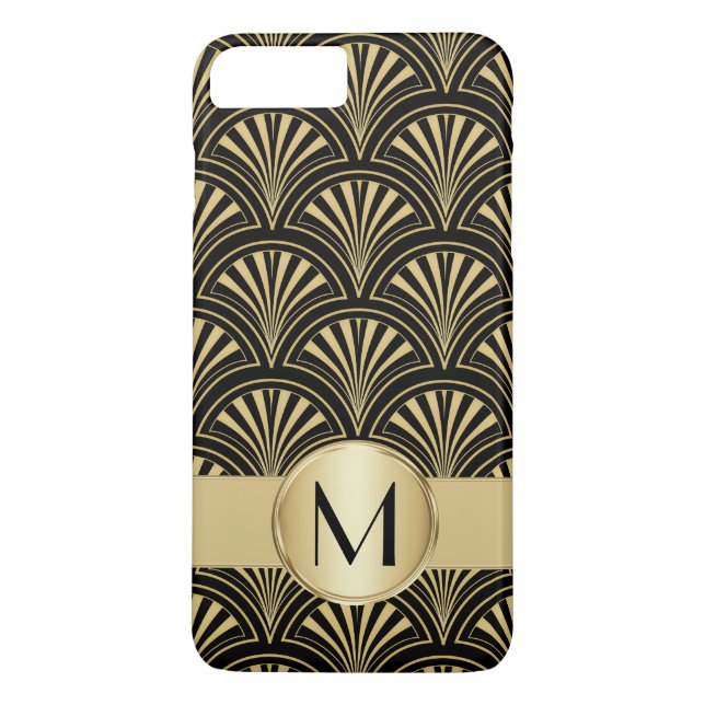 Posh Black and Gold Deco Fans Monogrammed Case-Mate iPhone Case (Back)