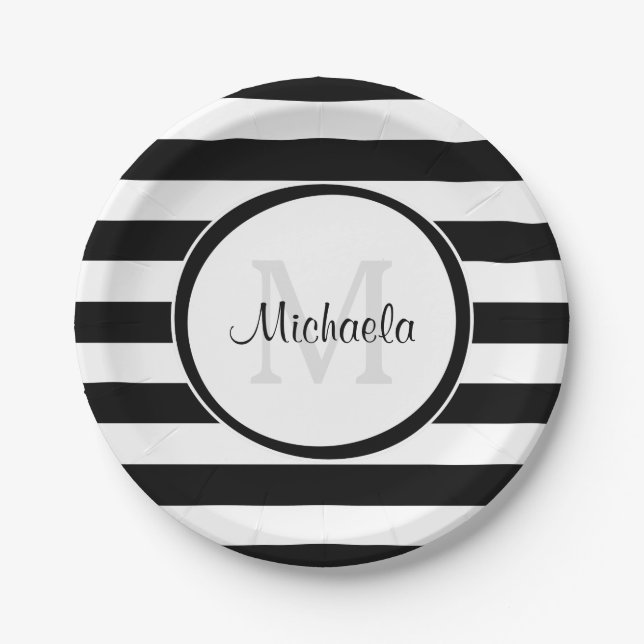 Posh Black Candy Stripes and Party Monogram Paper Plate (Front)