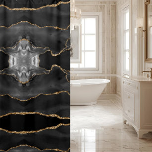 Posh Black Gray Gold Agate Marble Crystal Geode Shower Curtain