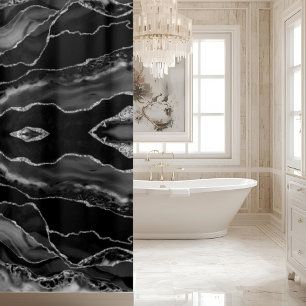 Posh Black Grey Silver Agate Marble Crystal Geode Shower Curtain
