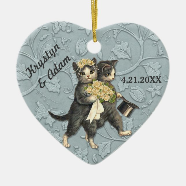 Posh Cats Wedding Blue Ceramic Ornament (Front)